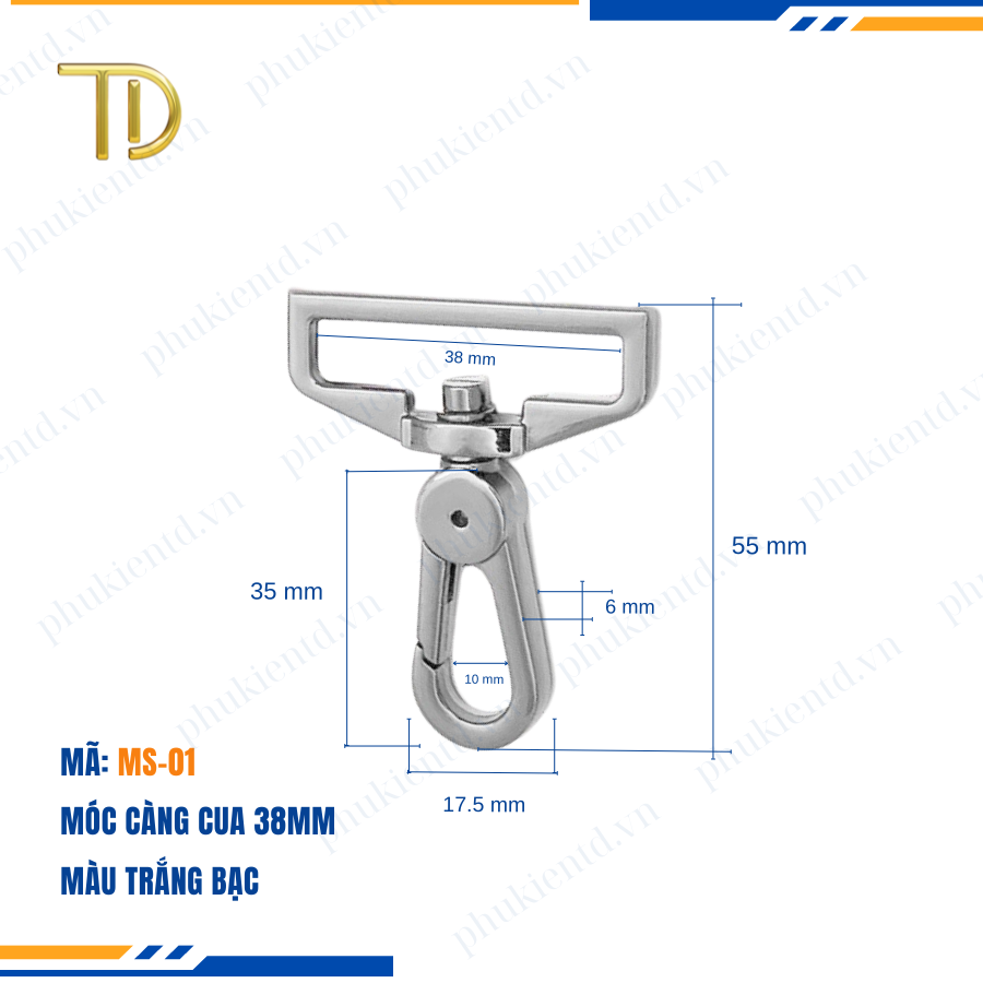 Móc càng cua túi xách,móc khóa càng cua túi xách,móc chó túi xách 38mm Mạ điện bền 5-8 năm