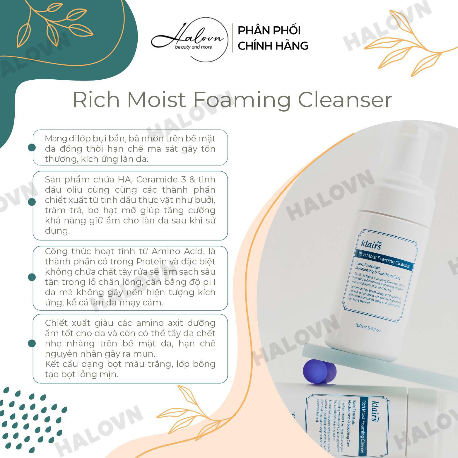 Sữa Rửa Mặt Tạo Bọt Dịu Nhẹ Klairs Rich Moist Foaming Cleanser 100ml