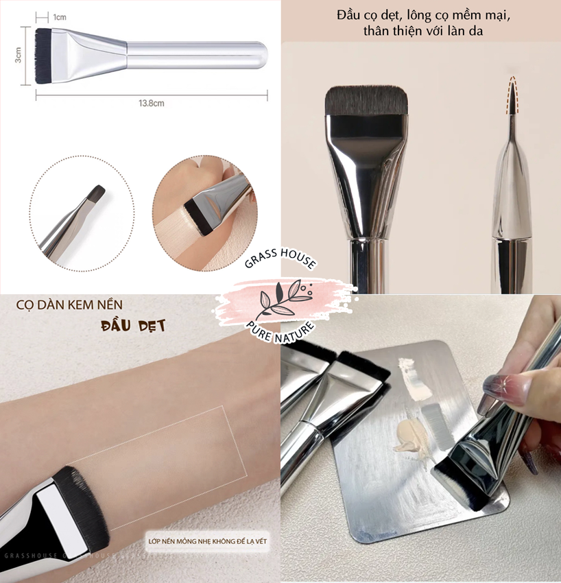 Cọ kem nền đầu dẹt (kèm vỏ bọc silicon), hỗ trợ trang điểm nền mỏng mịn tự nhiên, lông cọ mềm