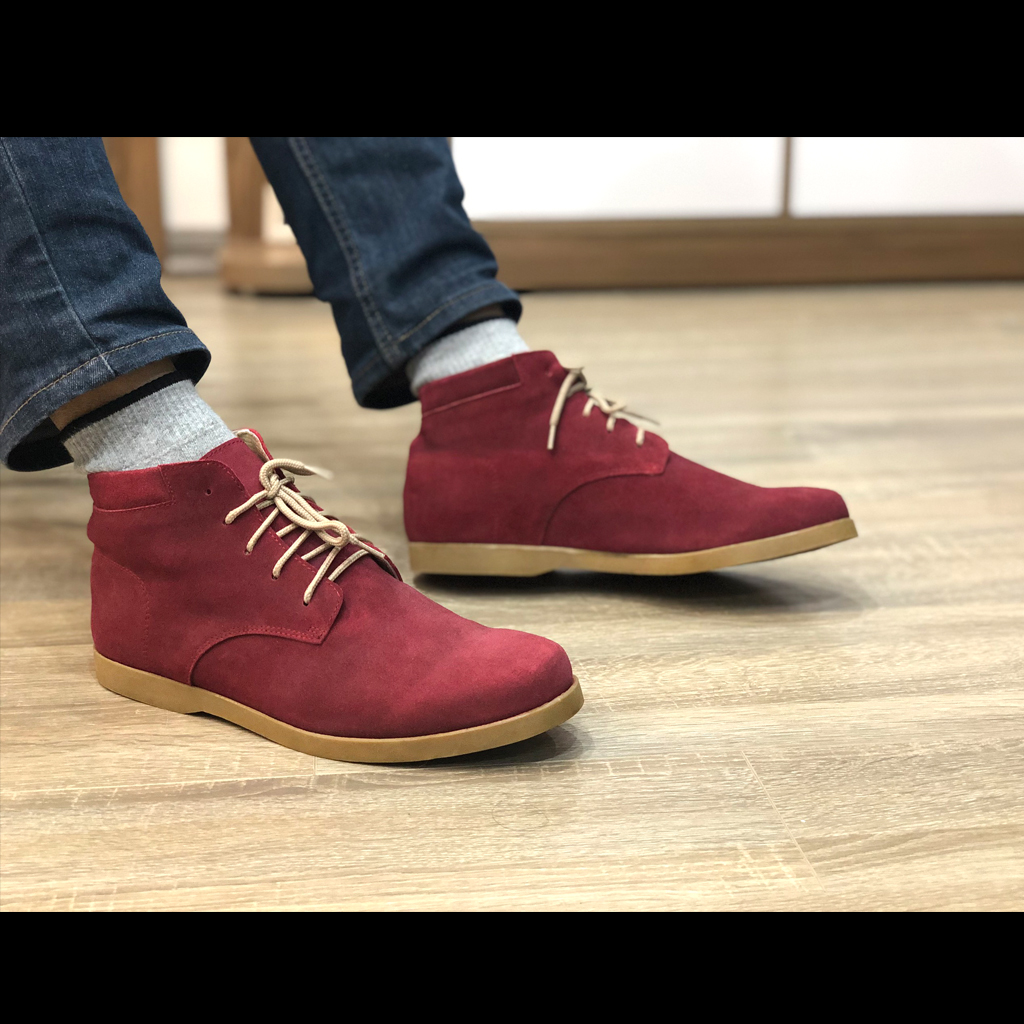Giày nam cao cổ buộc dây da bò lộn cao cấp màu đỏ đô DarkRed 1929 Sr7 - Giày boots nam cổ thấp buộc dây