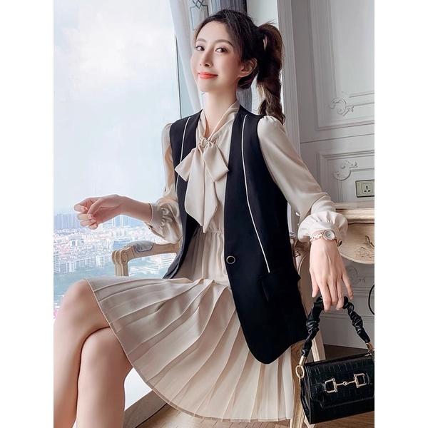 Set váy+ vest mùa xuân thu phiên bản Hàn Quốc mới, vừa che bụng vừa giảm tuổi, phù hợp từ người gầy đến béo