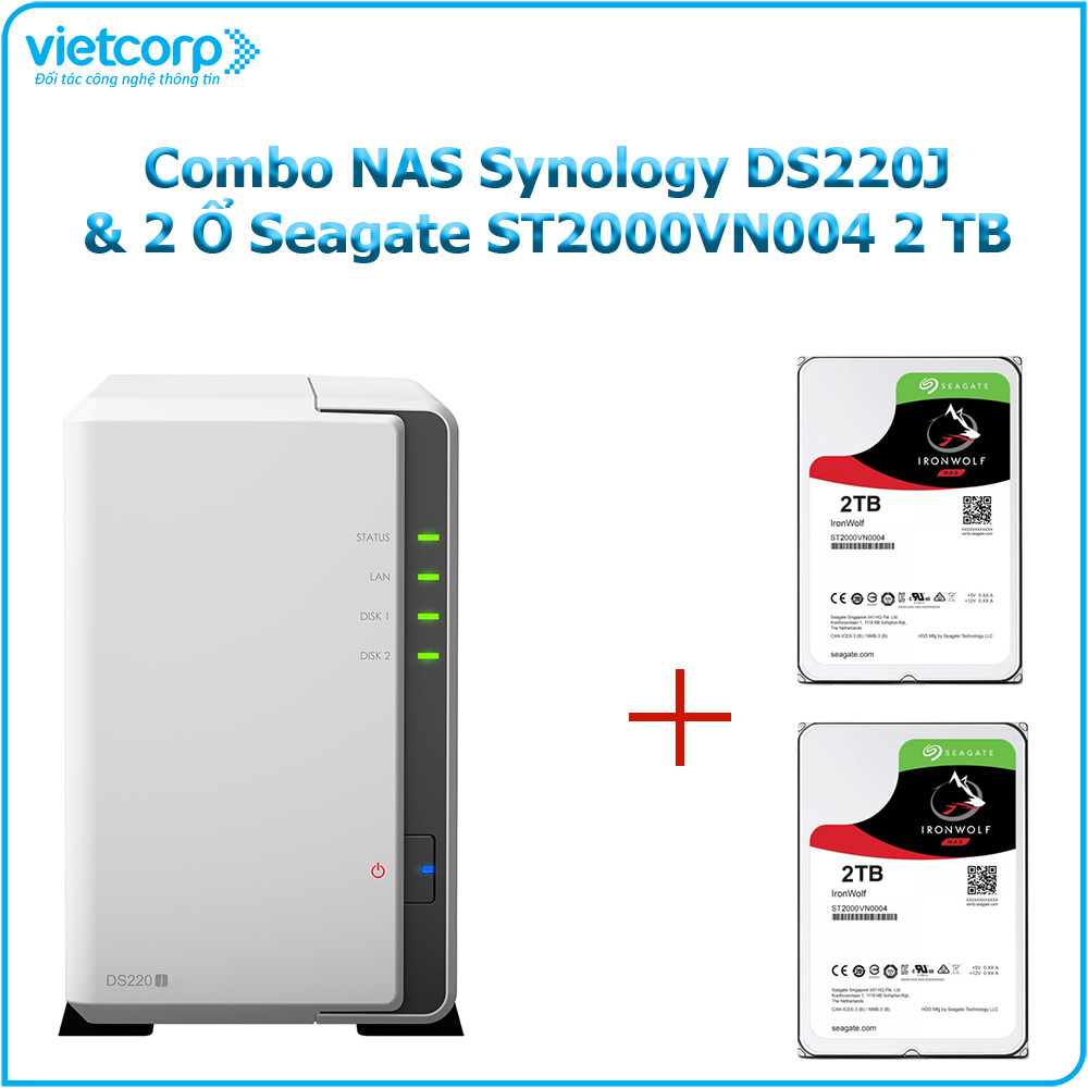 Combo Thiết bị lưu trữ NAS Synology DS220j và 2 ổ cứng HDD Seagate ST2000VN003 2TB - Hàng chính hãng