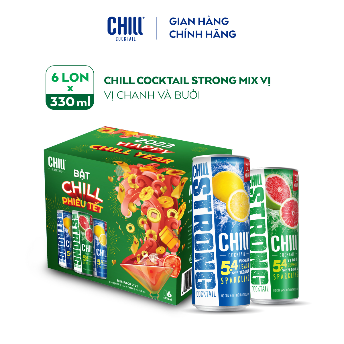 Thùng 6 lon Chill Cocktail Strong mix vị Bưởi Vodka &amp; Chanh Tequila (330ml/lon)