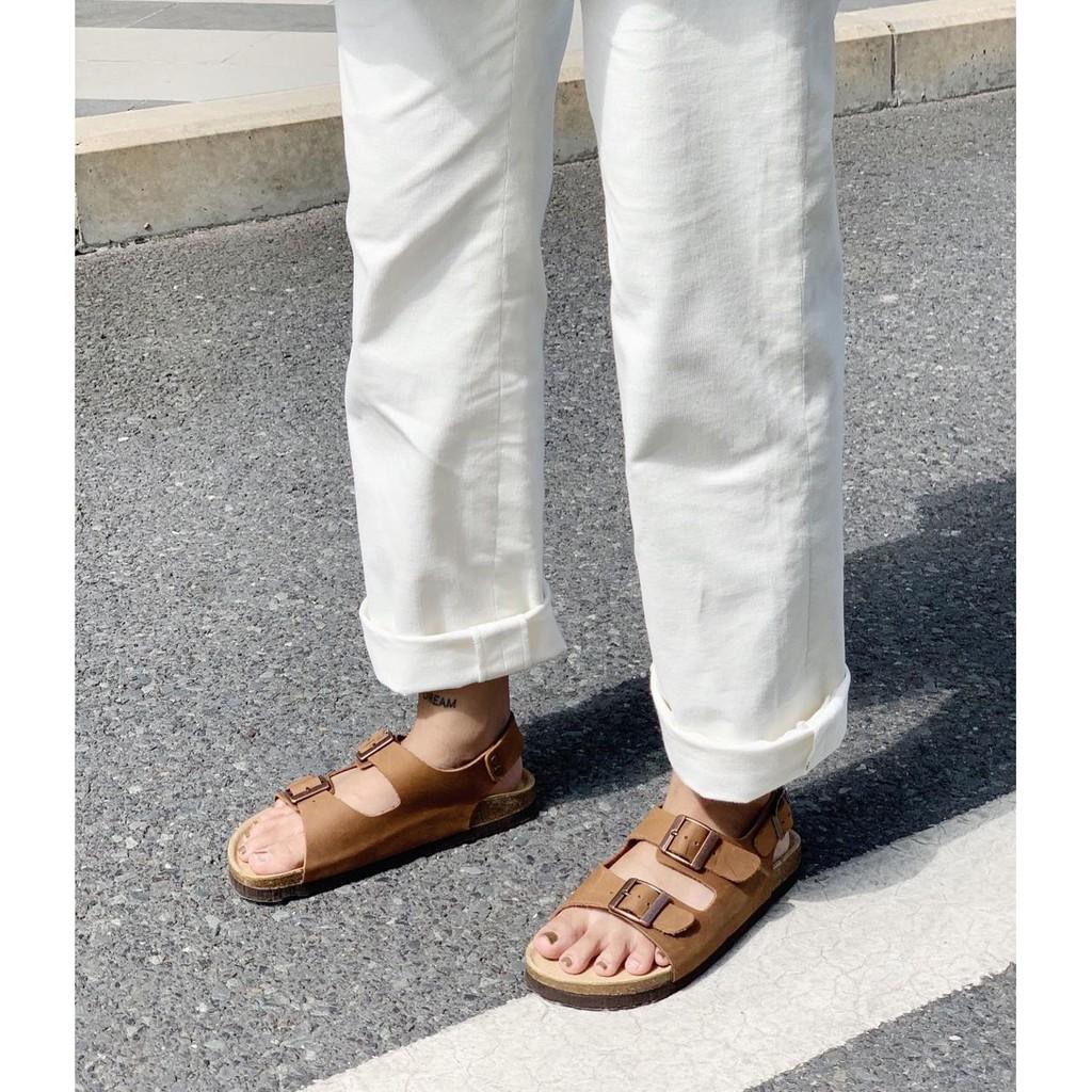 Giày Sandal Unisex HuuCuong 2 khóa Da Bò nâu đế trấu handmade