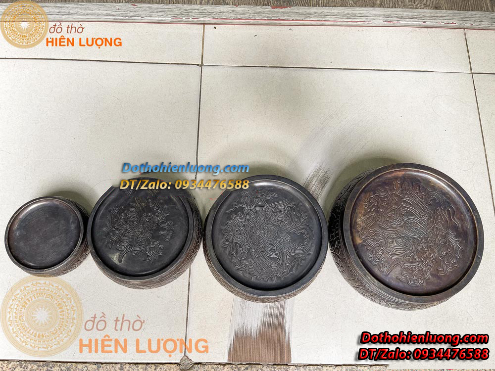 Cơi Đựng Trầu - Âu Trầu Hoa Văn Màu Đen Giả Cổ Bằng Đồng Nguyên Chất Các Cỡ - Đồ Thờ Hiên Lượng