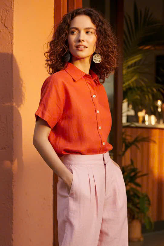 Quần Ống Rộng Xẻ Linen Anh Đào, Quần Culottes Ống Rộng Xẻ Đính Nút Linen Hồng Pan068
