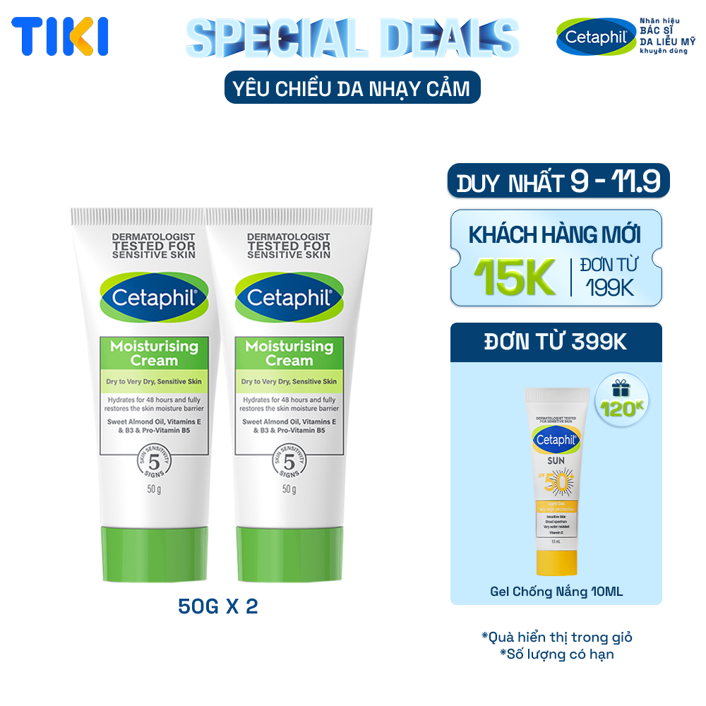 Combo 2 Kem dưỡng ẩm dịu lành cho da nhạy cảm CETAPHIL MOISTURISING CREAM 50G