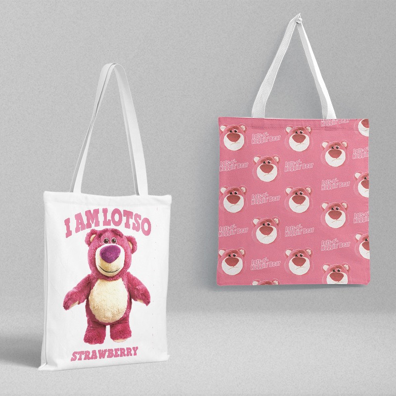 Túi tote vải canvas có dây kéo in hai mặt gấu dâu Lotso siêu xinh - Túi vải canvas gấu dâu Lotso in hai mặt có dây kéo