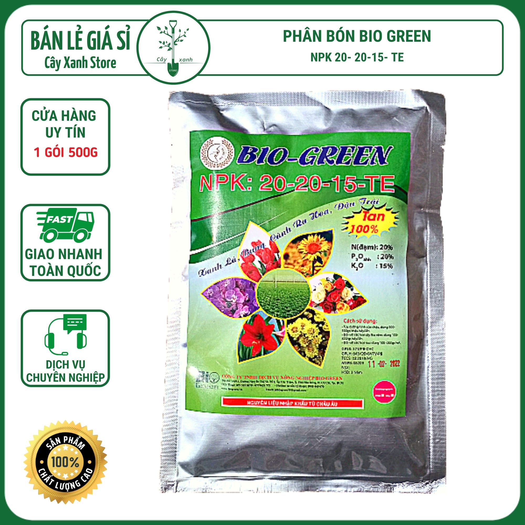 Phân Bón NPK 20 20 15 + TE BIO GREEN 500GrTan Trong Nước 100% Chuyên Cho Hoa, Cây Cảnh Giúp Cây Ra Hoa, Hoa Đẹp, Lâu Tàn