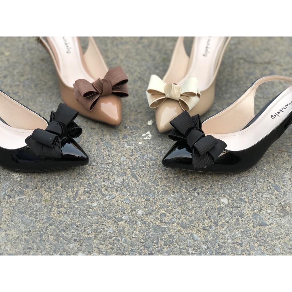 Giày cao gót Anna thời trang mũi nhọn phối dây hở gót nơ bồng cao 5cm-A26KH