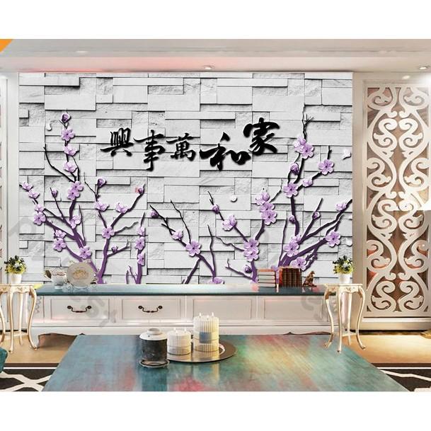 Tranh dán tường Hoa đào tím sang trọng lãng mạn, tranh dán tường 3d hiện đại MS702527