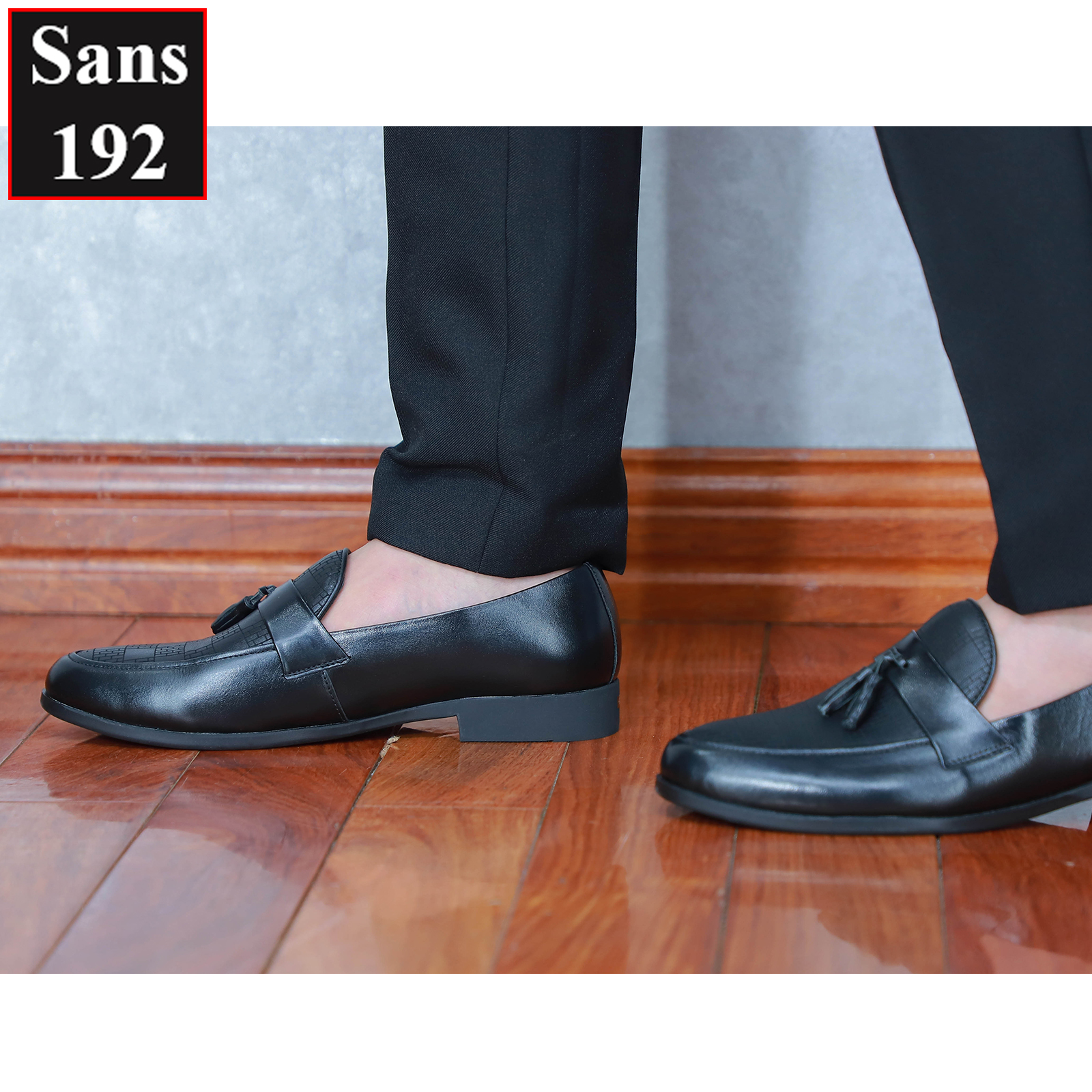 Giày lười nam da bò thật Sans192 giầy mọi có chuông moca cao cấp đen đẹp penny loafer hoạ tiết công sở hàn quốc