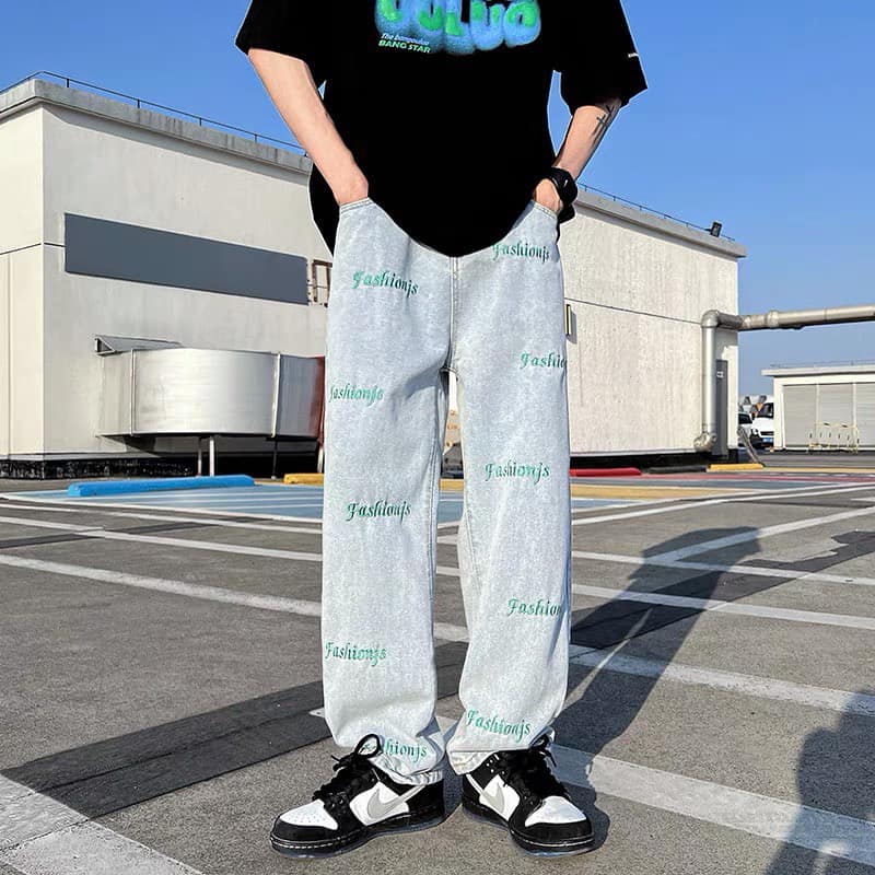 Quần Jean Nam Baggy Ống Suông Dáng Rộng In Họa Tiết Fashionjs Vải Jeans Bò Cao Cấp Hàn Quốc - Gin Store