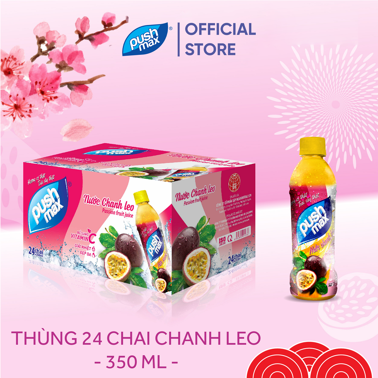 Thùng 24 chai Nước Trái Cây Chanh leo Pushmax (350ml x 24 Chai)