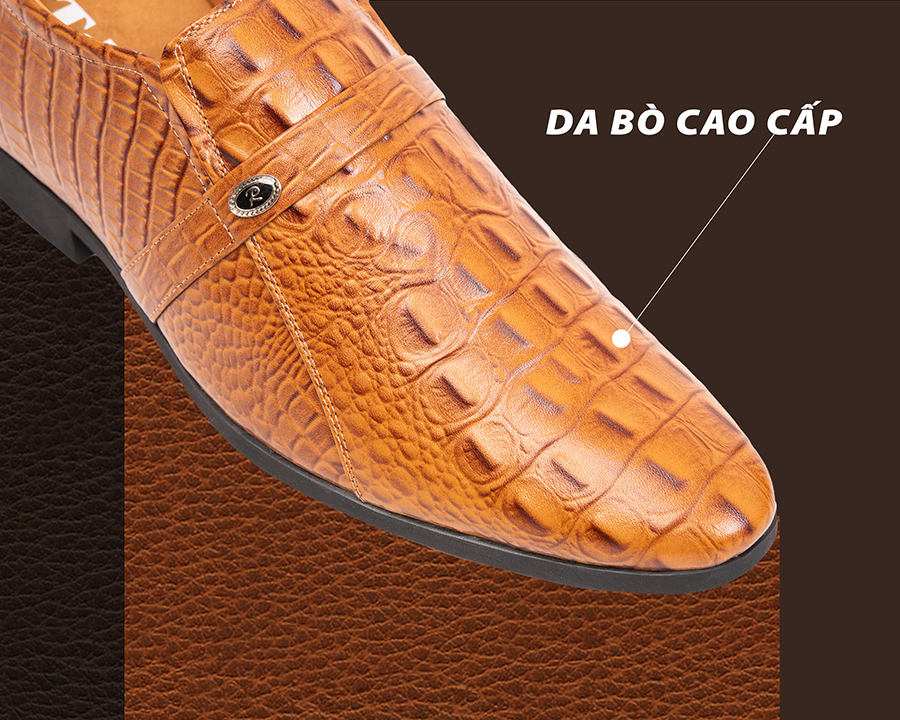 Giày Độn Nam T&TRA Tăng Cao 6Cm- T05 Cá Sấu Nâu Sáng - Chất Liệu Da Bò Cao Cấp, Đế Cao Su Đúc, Phần Tăng Cao Ẩn Bên Trong