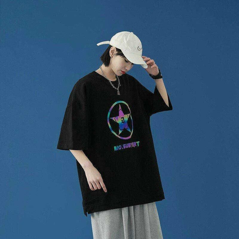Áo thun phản quang 7 màu in ngôi sao nhìu màu sắc nét thun cotton 4 chiều mịn dày phong cách năng động,áo thun ngôi sao vòng tròn phản quang 7 màu phom rộng chất cotton thoáng mát