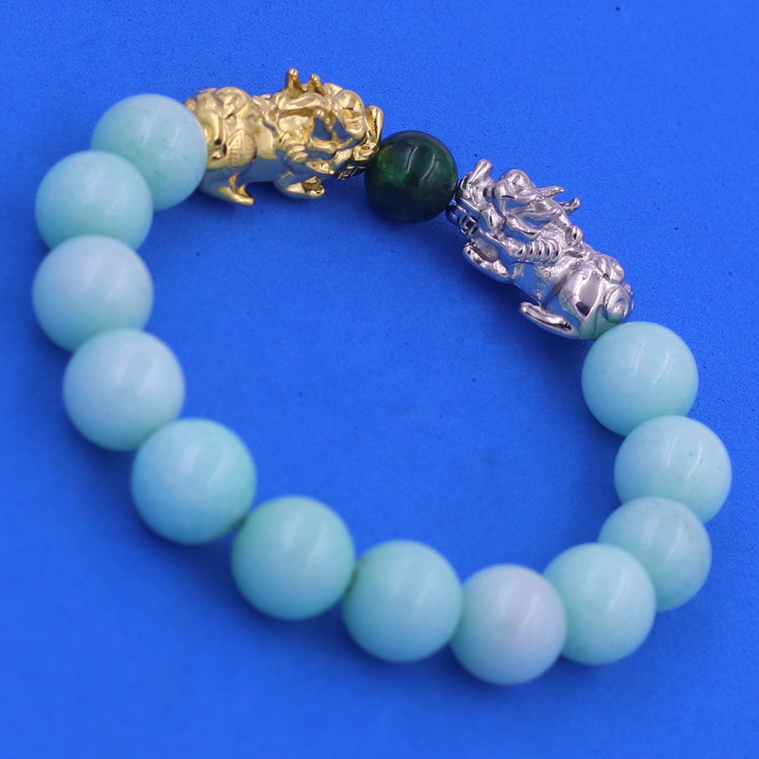 Vòng chuỗi đeo tay đá ngọc bích xanh 12 ly charm tỳ hưu đôi inox trắng và vàng, vòng chuỗi phong thủy, charm tỳ hưu, vòng tay hạt chuỗi