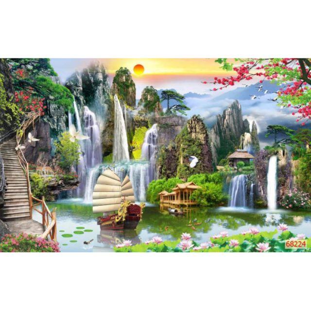 Tranh 3D dán tường phòng khách phong cảnh thiên nhiên