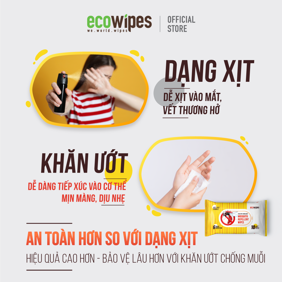 Combo 3 Khăn ướt đuổi muỗi EcoWipes gói 10 tờ 15x20 an toàn cho bé từ 6 tháng tuổi bảo vệ lên đến 8 giờ