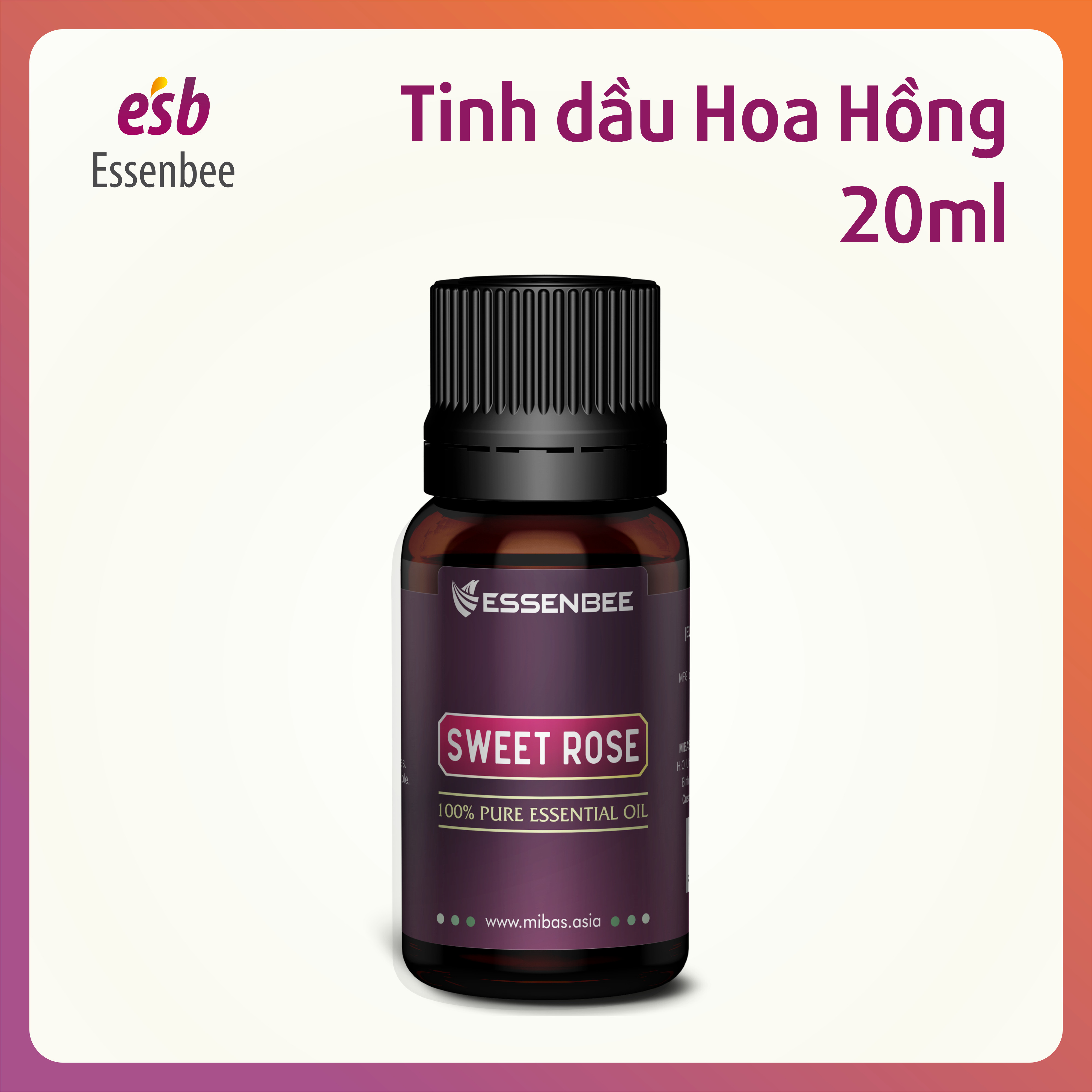 Tinh dầu thiên nhiên Hoa Hồng - Essenbee - 20ml - Giải tỏa căng thẳng, thư giãn tinh thần, giảm stress. Dưỡng ẩm cho da, làm mờ vết thâm và hỗ trợ điều trị quầng thâm mắt. Khử mùi và tạo bầu không khí trong lành.