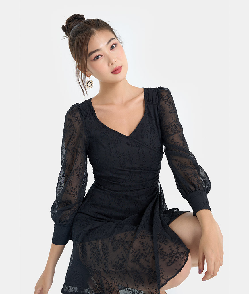 Đầm Lửng Nữ Thời Trang HNOSS Cổ Tim Tùng Xếp HNDLU073