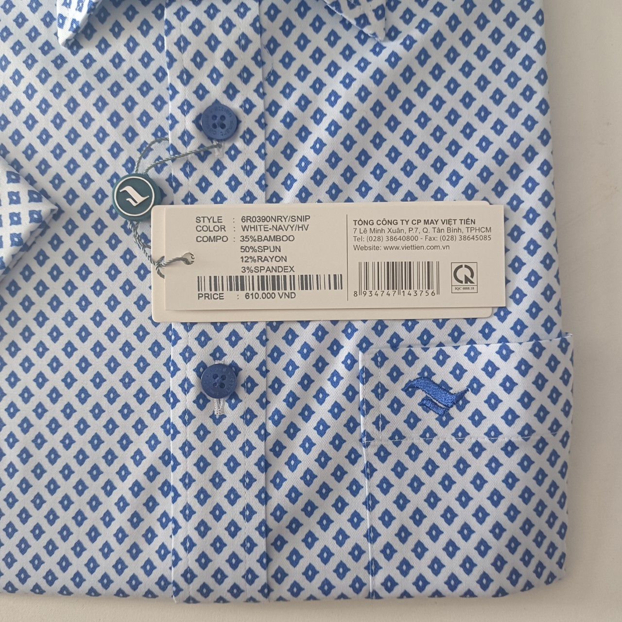 Viettien- Áo sơ mi nam Việt Tiến ngắn tay Smart Casual lai ngang, xẻ sườn từ sợi tre Mã 6R0390NRY/SNIP