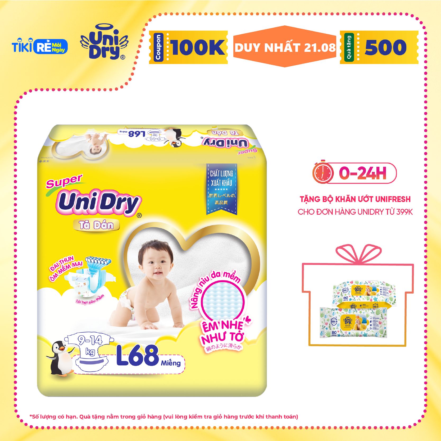 Tã Dán Cho Bé Unidry (G6+) Size L68 (68 miếng)