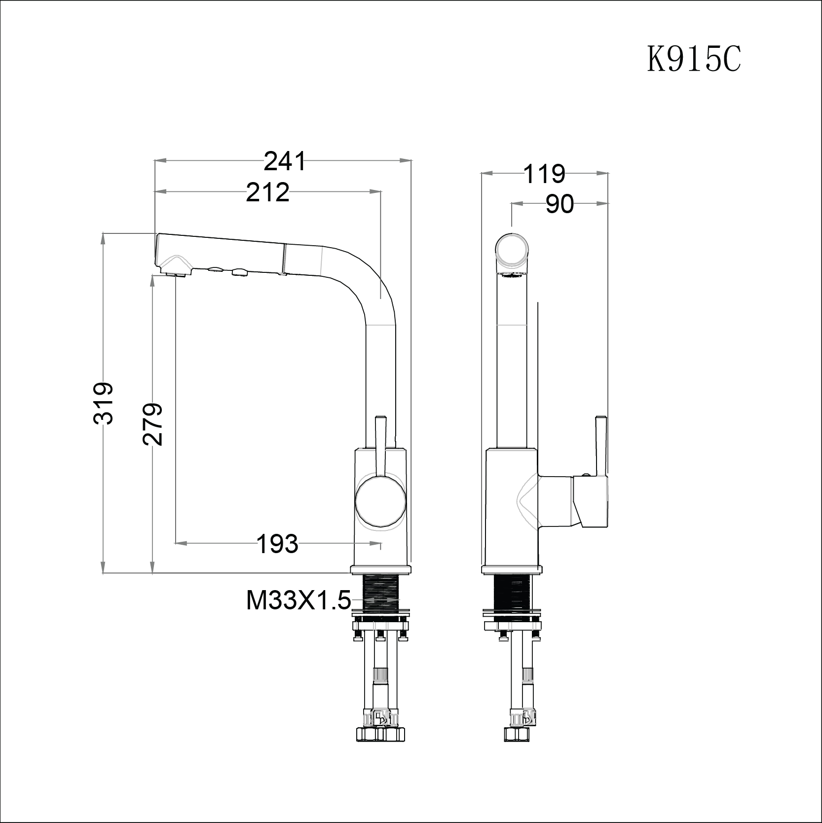 Vòi rửa bát (chén) nóng lạnh gắn chậu có dây rút  cổ cao 319 mm - Caesar K915C