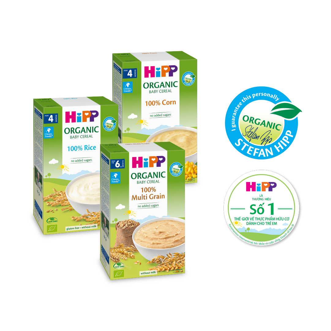 Combo 3 bột ăn dặm không chứa sữa HiPP Organic Baby Cereal 100% hữu cơ cho trẻ từ 4 tháng tuổi: Bột gạo nhũ nhi, Bột ngũ cốc tổng hợp, Bột ngũ cốc bắp non (3 hộp x 200g)