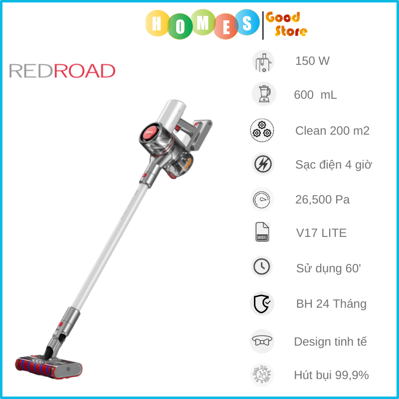 Máy Hút Bụi Cầm Tay REDROAD V17 LITE Cực Nhẹ, Lực Hút Mạnh 26500 Pa, Thời Gian Làm Việc 60 Phút, Diện Tích Hoạt Động 200m2, Công Suất 150W - Hàng Chính Hãng