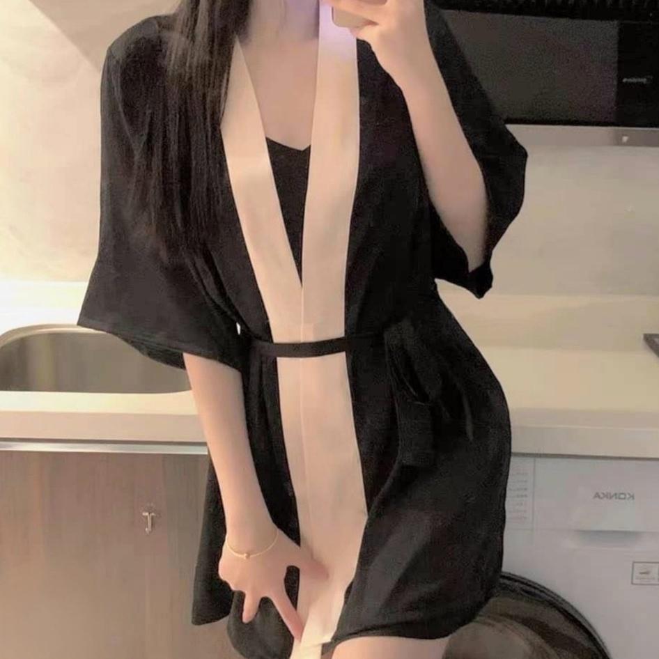 Áo Choàng Ngủ Nữ Vải Lụa Cao Cấp Có Kèm Đầm Dây Sexy bên trong