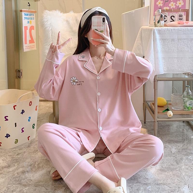 Đồ Mặc Nhà Pijama Dễ Thương, Đồ Bộ Nữ Cotton Áo Dài Quần Dài Màu Trơn Vàng Hồng DDCP06