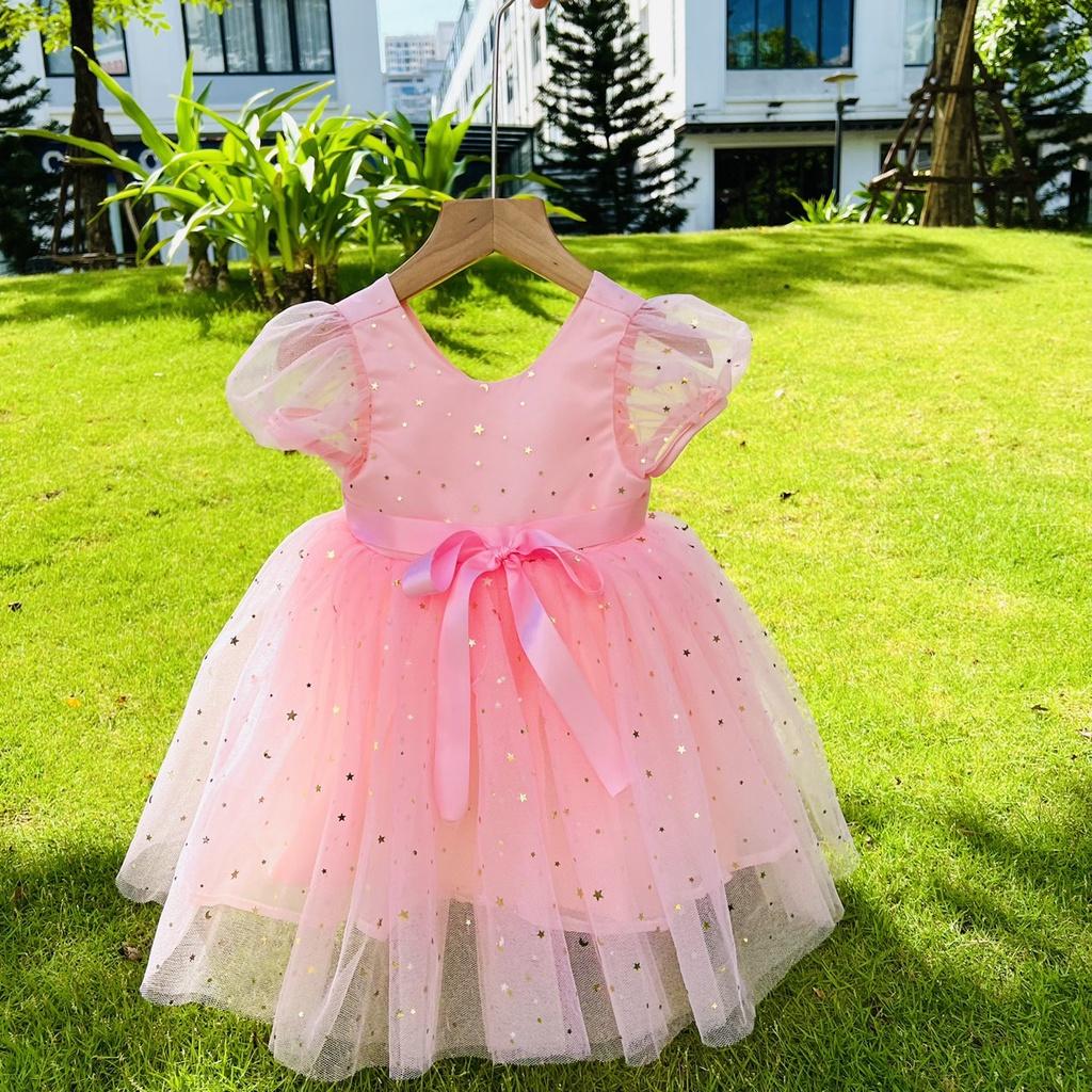 Váy công chúa, đầm công chúa cho bé gái thiết kế cho bé gái từ 1 đến 10 tuổi màu hồng thắt nơ duy băng cực xinh