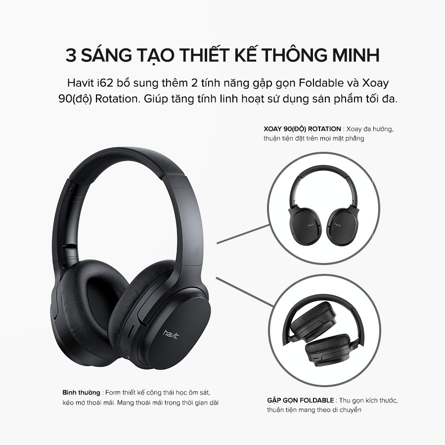 Tai Nghe Bluetooth Headphone HAVIT i62, Driver 40mm, Bluetooth 5.0, Nghe Đến 8H, Gập Gọn 90 - Hàng Chính Hãng (Hồng)