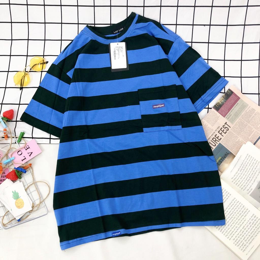 Áo thun cotton kẻ xanh đen phối túi - ẢNH THẬT