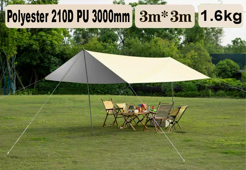 Bộ Tấm tăng tarp màu be che nắng, che mưa che lều cắm trại picnic đủ phụ kiện dây cọc chống và túi