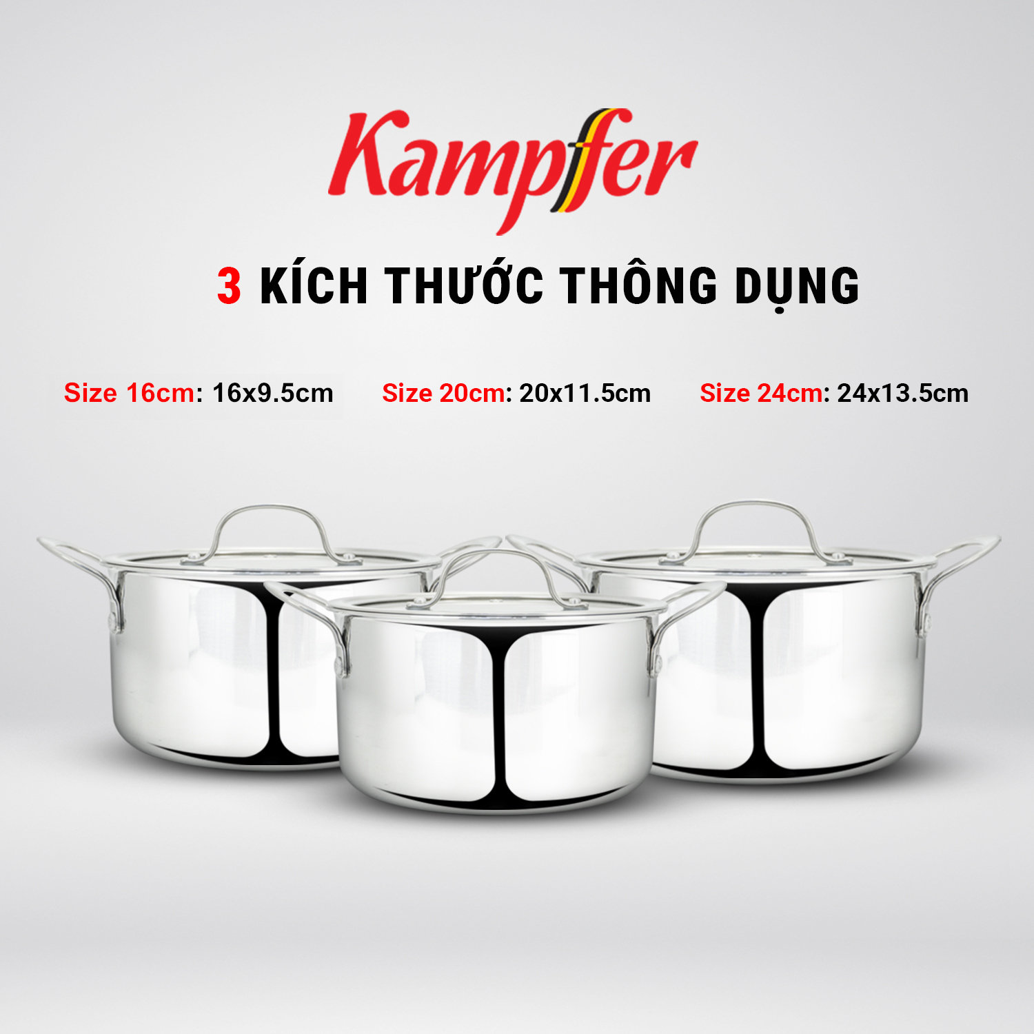 Bộ 3 nồi inox 3 lớp liền khối Kalpen Kampfer KF1 size 16/20/24cm bảo hành 30 năm