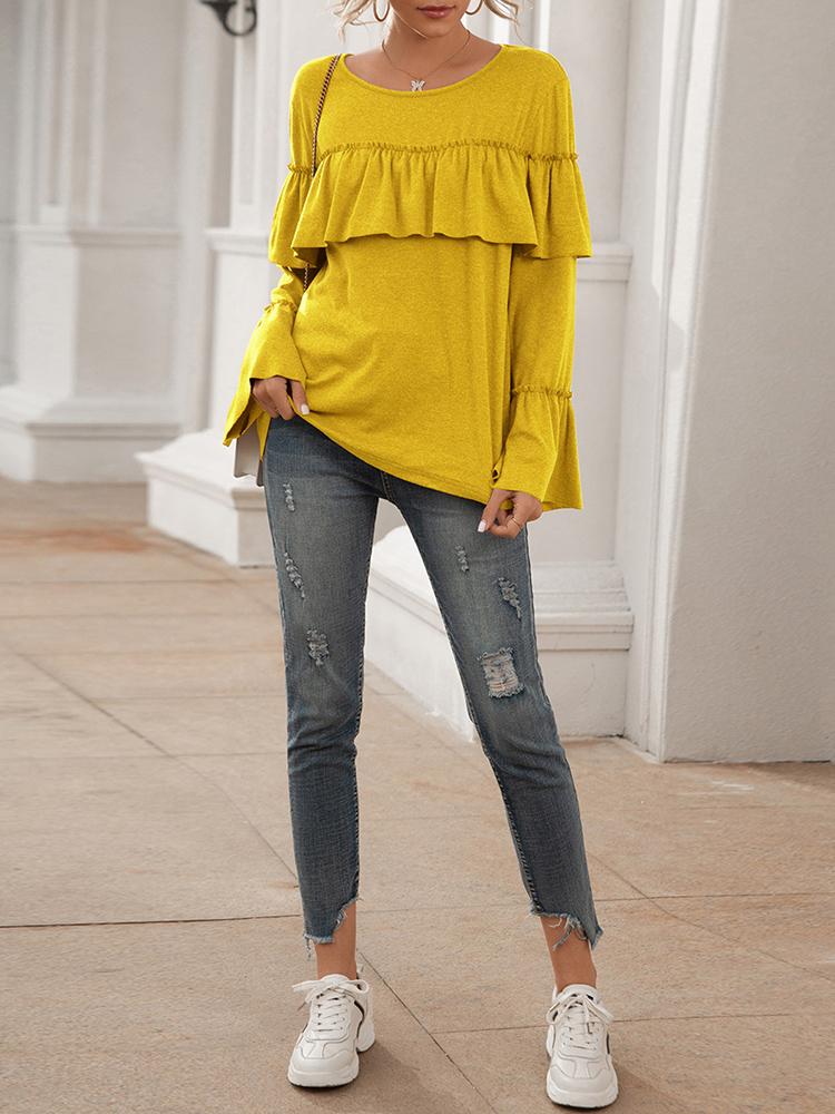 Women Long Flare Sleeve Shirt Ruffles O-Neck Pullover Casual Loose Fit Solid Tops