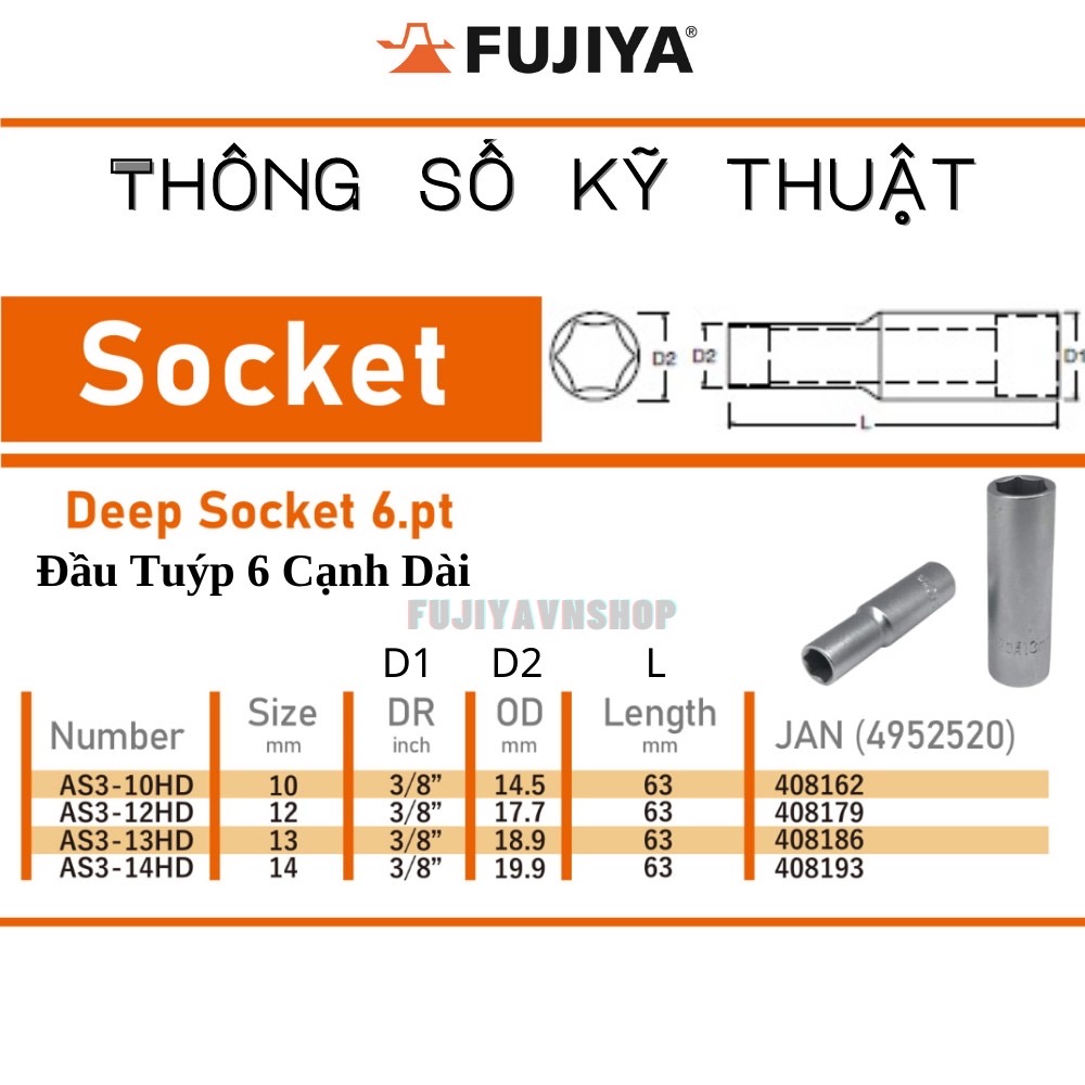 Đầu tuýp dài Fujiya AS3-HD 6 cạnh 10mm-14mm