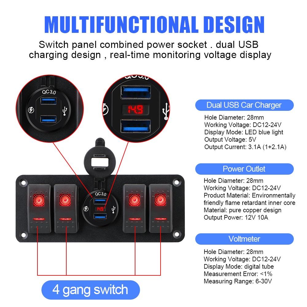 Bảng điều khiển công tắc đèn LED 4 cổng USB 12~24V chống nước trang trí nội thất xe hơi