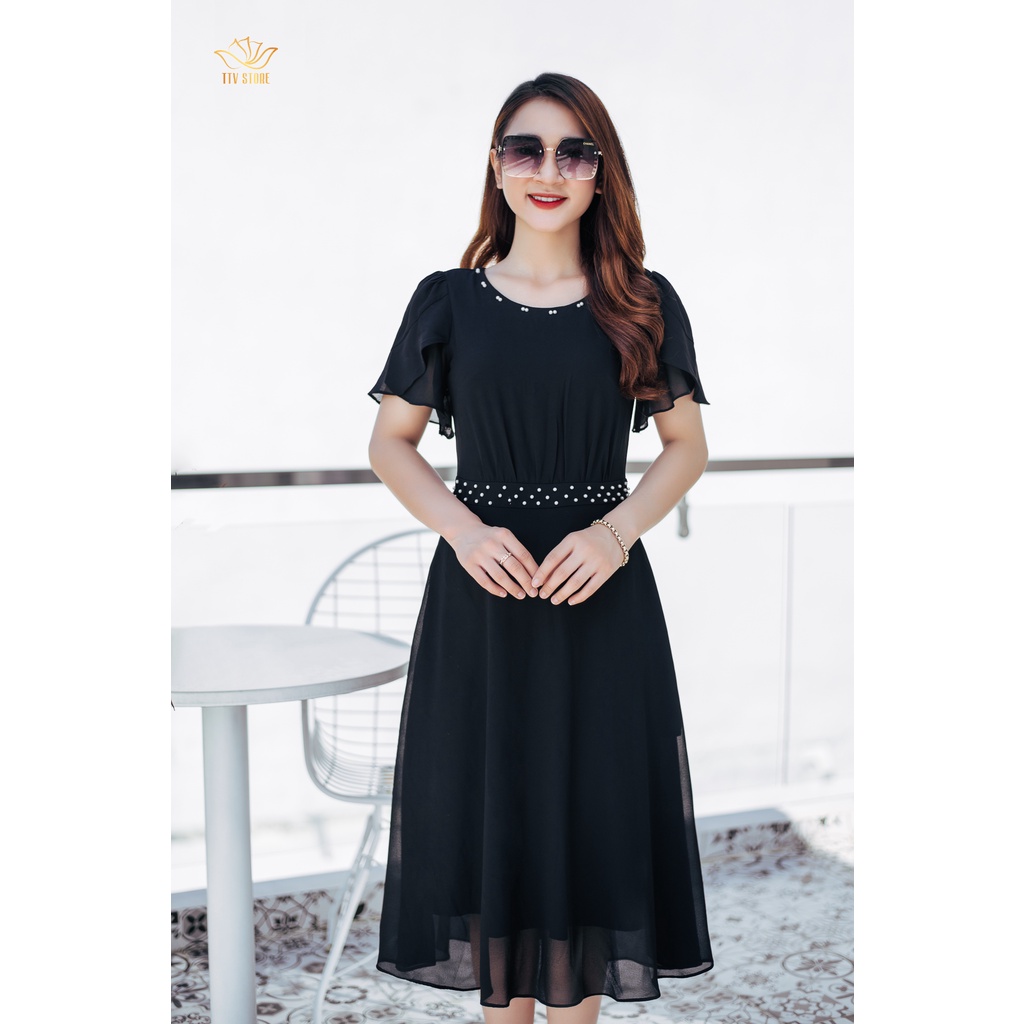Đầm xòe thiết kế trung niên sang trọng Cổ tròn đính ngọc màu đen TTV STORE TTV1061
