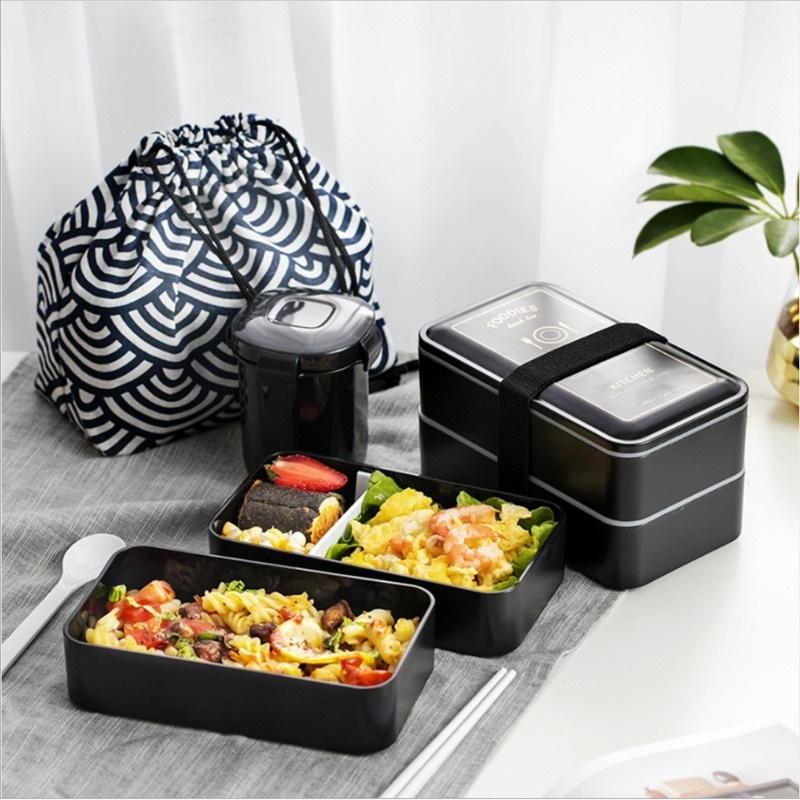 Bộ 3 Sản Phẩm Hộp Cơm Trưa 2 Tầng Cốc Đựng Canh Và Túi Giữ Nhiệt Màu Đen Phong Cách Bắc Âu Siêu Đẹp