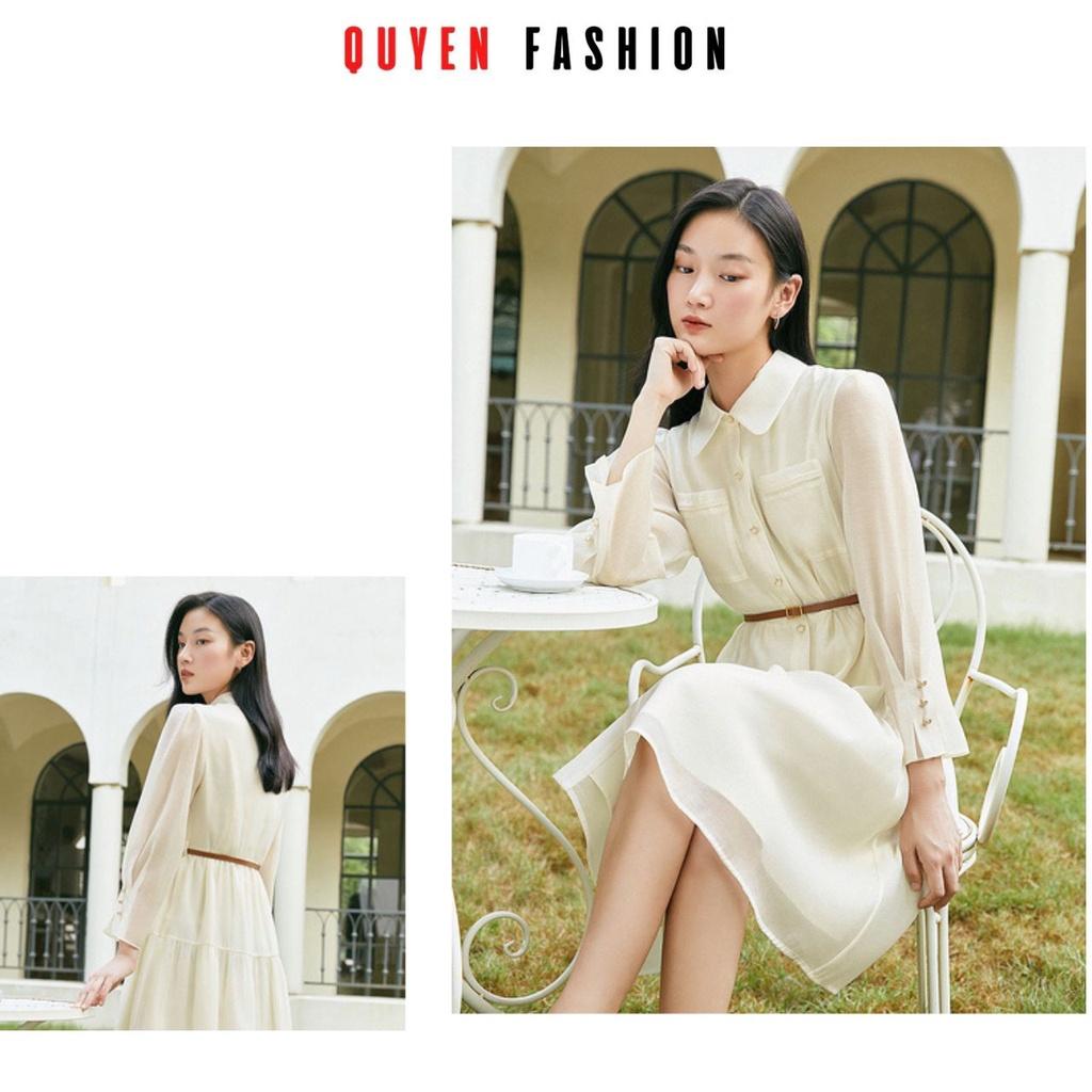 Đầm xòe cổ sơ mi công sở tay phồng Quyên DN003, kiểu dáng hàn quốc thanh lịch