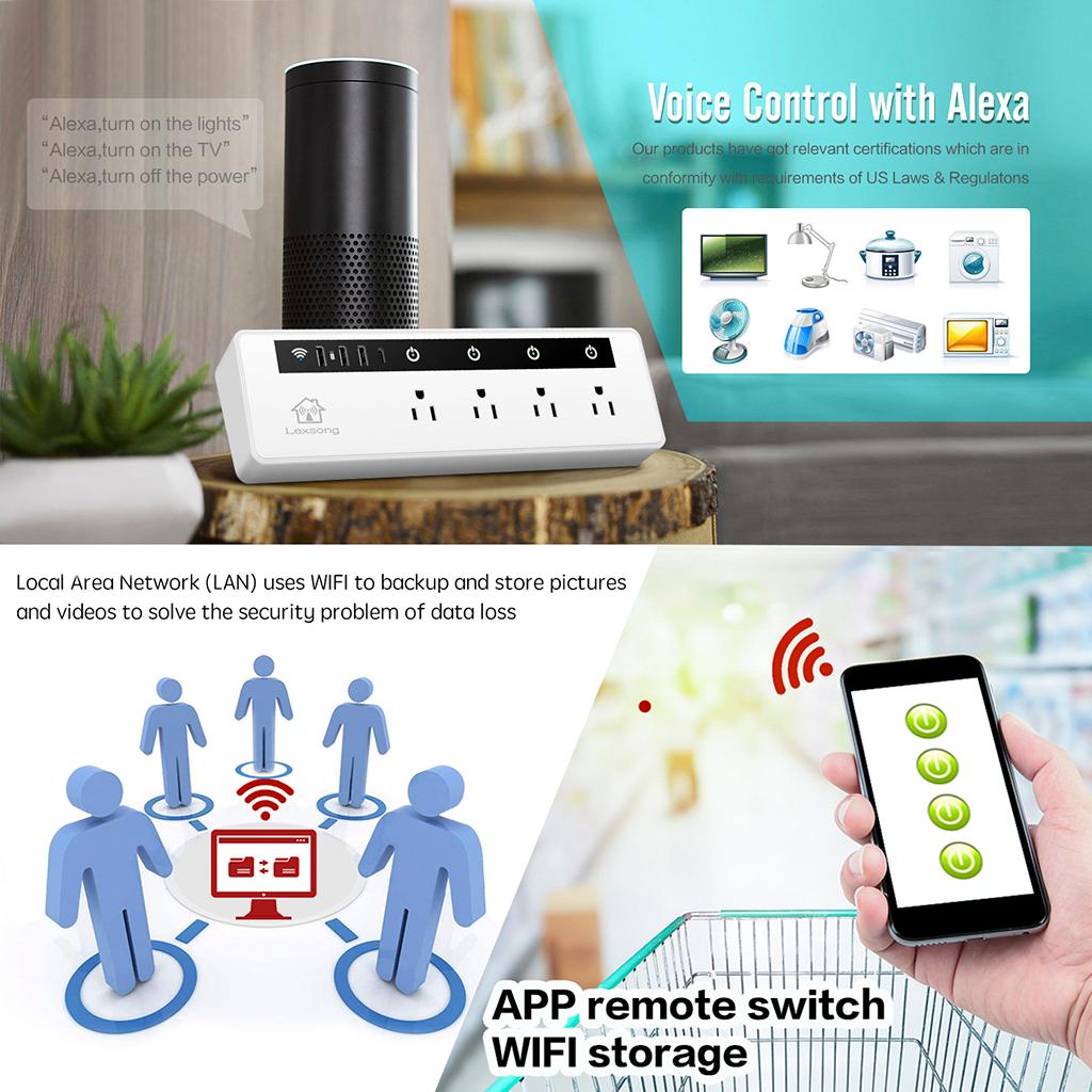WiFi Smart Power Strip with 4 AC Outlets and 3 USB Ports US Plug