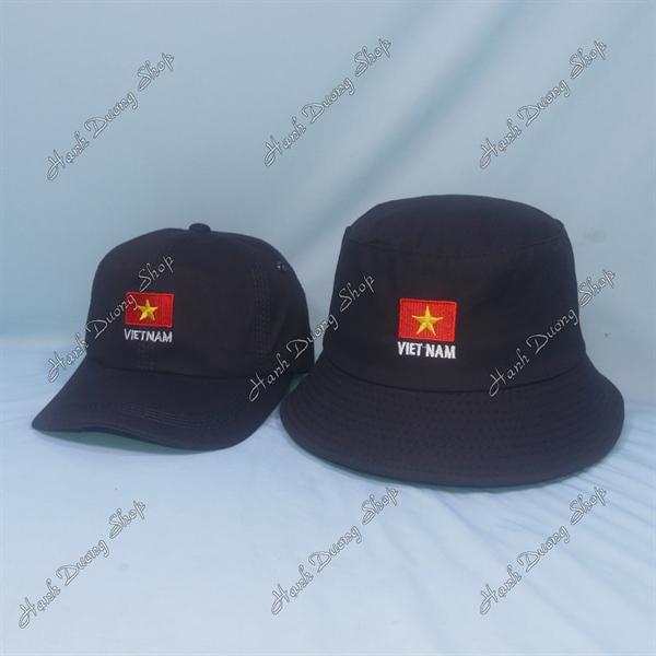 Set Nón Cặp Bucket &amp; Cap thêu lá cờ Việt Nam (LCV01); (NSV01) - Đen