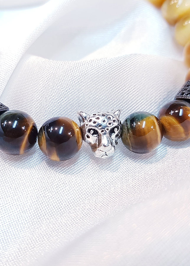 Vòng Tay Nam Mệnh Kim, Thổ Mắt Hổ Vàng Phối Mắt Hổ Nâu Charm Đầu Hổ - NA.17