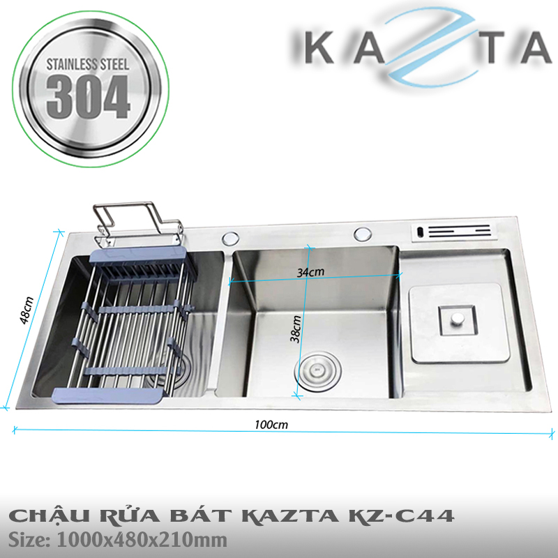 Chậu Rửa Bát Inox Cao Cấp KAZTA KZ-C43 C44 Loại 2 Hộc 1 Cánh - Kích thước 100x48cm rộng rãi tiện dụng