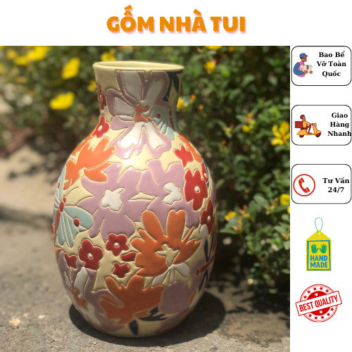 BÌNH BÔNG BÁCH HOA GỐM SỨ THỦ CÔNG NAM BỘ TD1 23CM CẮM HOA TRANG TRÍ DECOR