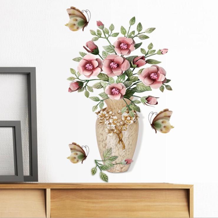 Decal trang trí tường - Chậu hoa và Hoa cổ điển hồng đậm