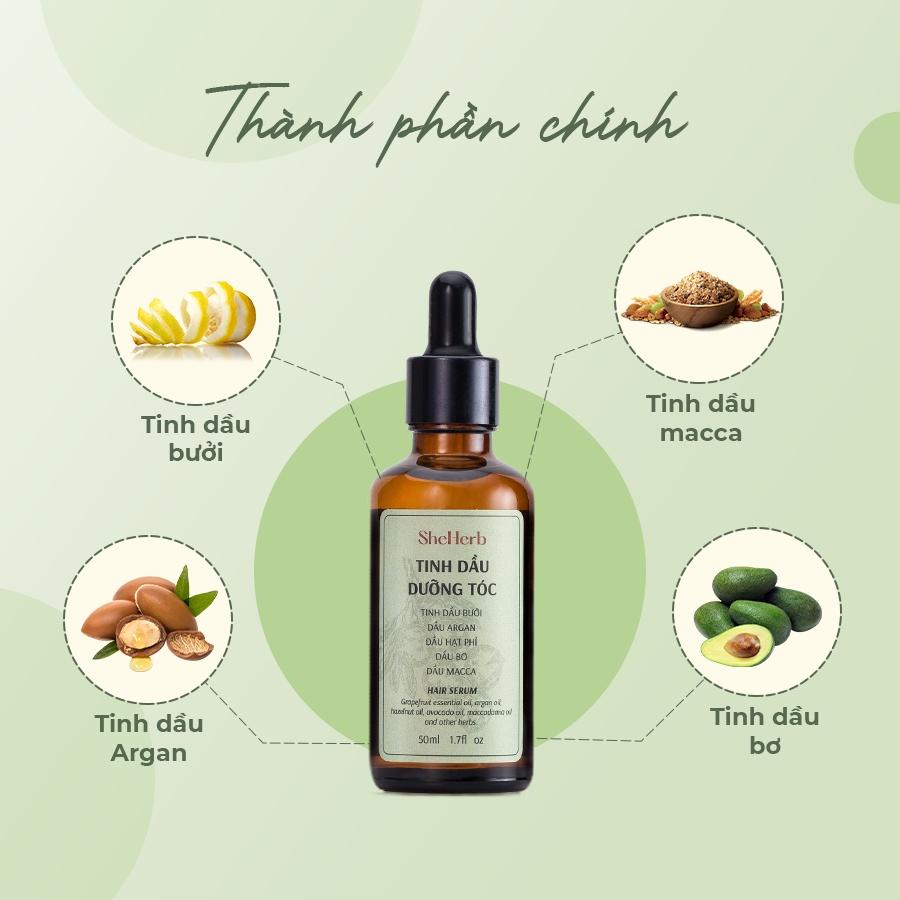 Serum dưỡng tóc mọc tóc vỏ bưởi, dầu mắc ca thuần chay She Herb phục hồi tóc hư tổn nặng 50ml